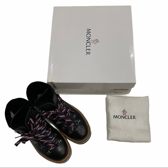 MONCLER Blanche Hiking Boot Black LeatherVelvet Trimmed Winter Booties